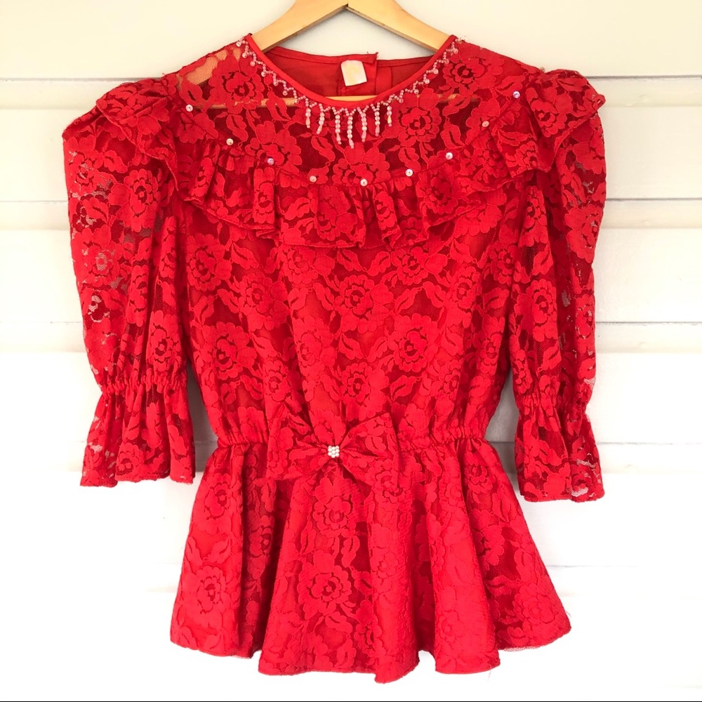 VTG 80’s Red Lace Shoulder Pad & Beaded Dress Top